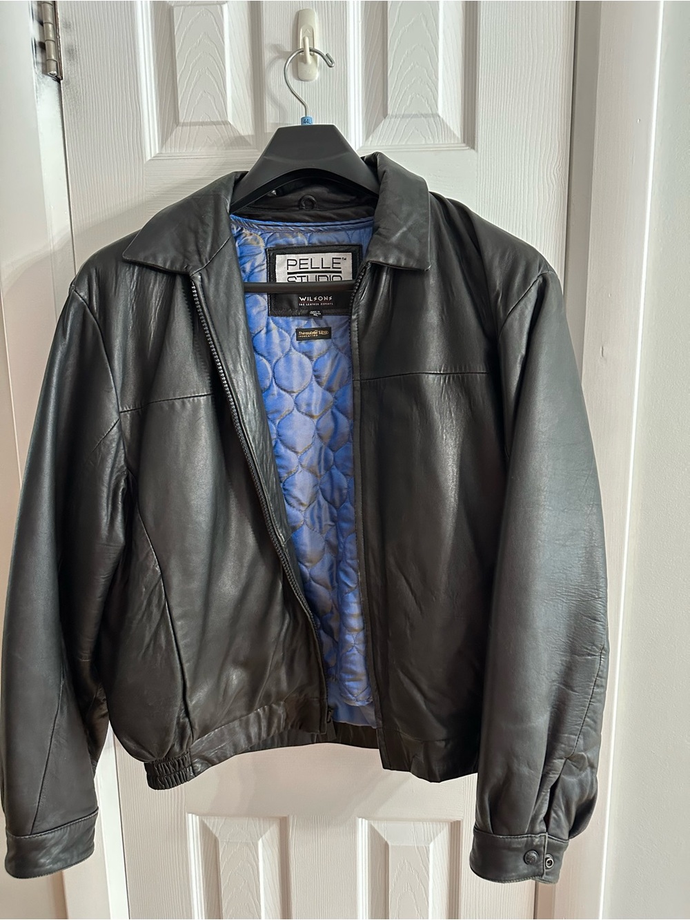 Pelle Studio Black Leather Bomber Jacket with Thinsulate Blue Quilted Lining